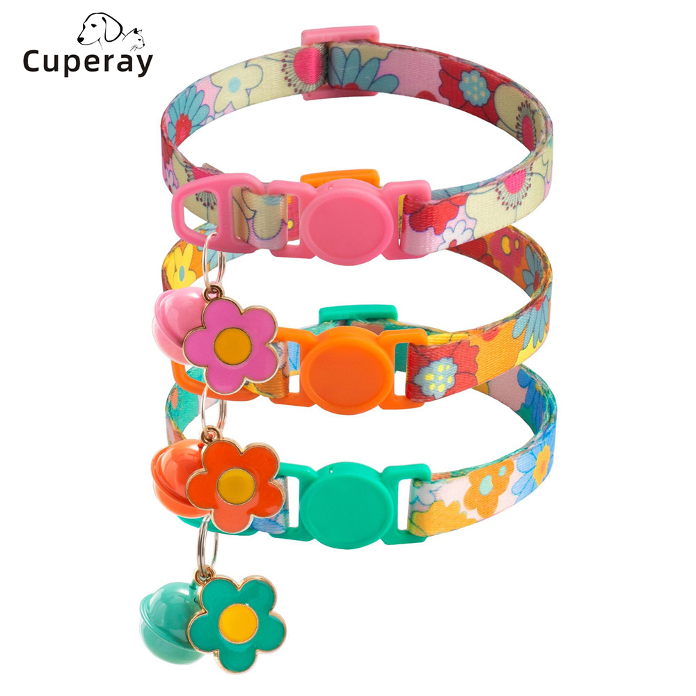 1.0cm Printed Pet Collar Adjustable Safety Buckle Cat Collar with Bell and Metal Flower Pendant for Cats and Puppy Pet Supplies