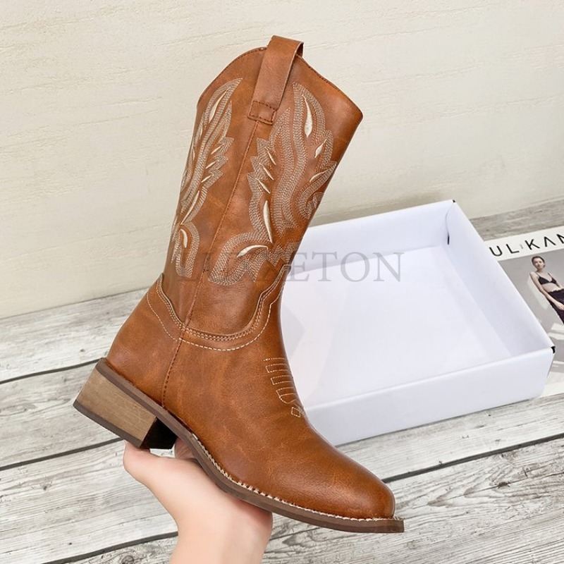 Women's Embroidered New Motorcycle Boots With Western Cowboy Style - V-Neck, Square Toe, Thick Hot Heel, 2024 Trend