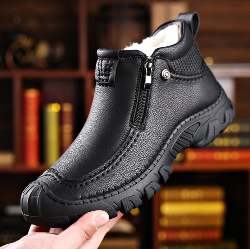 Winter Men Boots Thick Plush Warm Snow Boots Leather Zipper Men's Ankle Boots Platform Non-slip Waterproof Mens Hiking Shoes