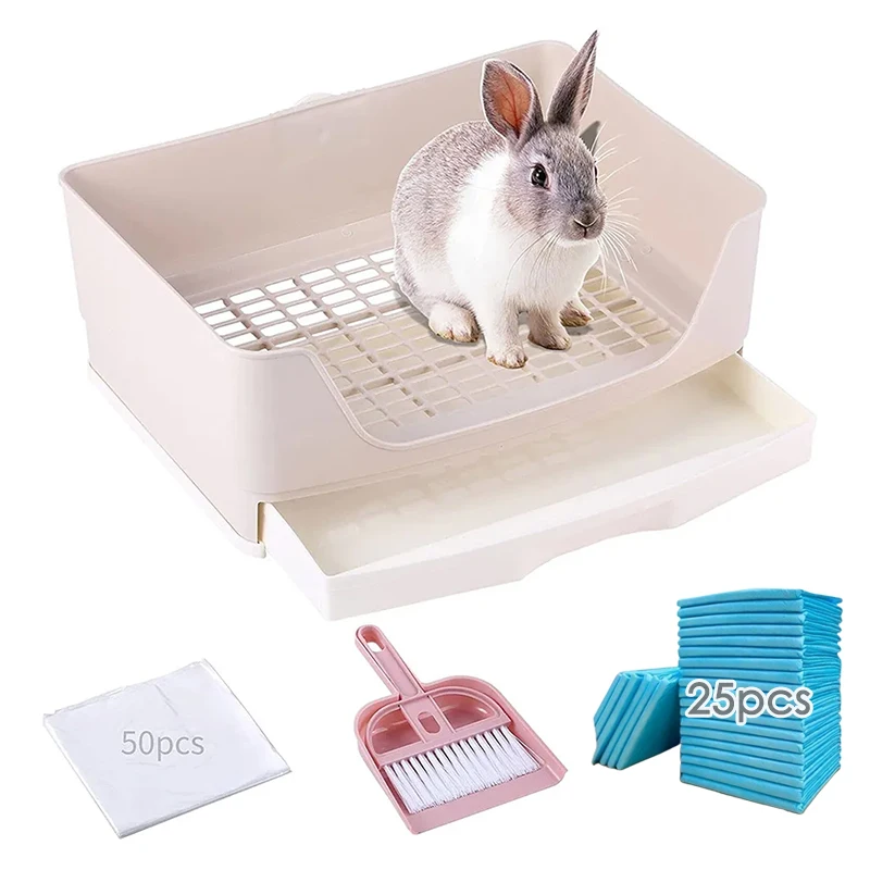 Extra Large Rabbit Litter Box Bunny Toilet with Drawer 50 Pet Toilet Film 25 Toilet Training Pad Cleaning Set Small Pet Box Pan