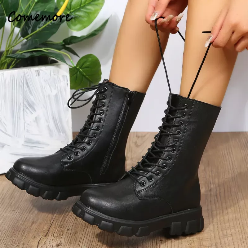 Comemore PU Leather White Ankle Boots Motorcycle Female Chunky Heels Platform Boot Boots Women 2023 Autumn Winter Botas Mujer 43