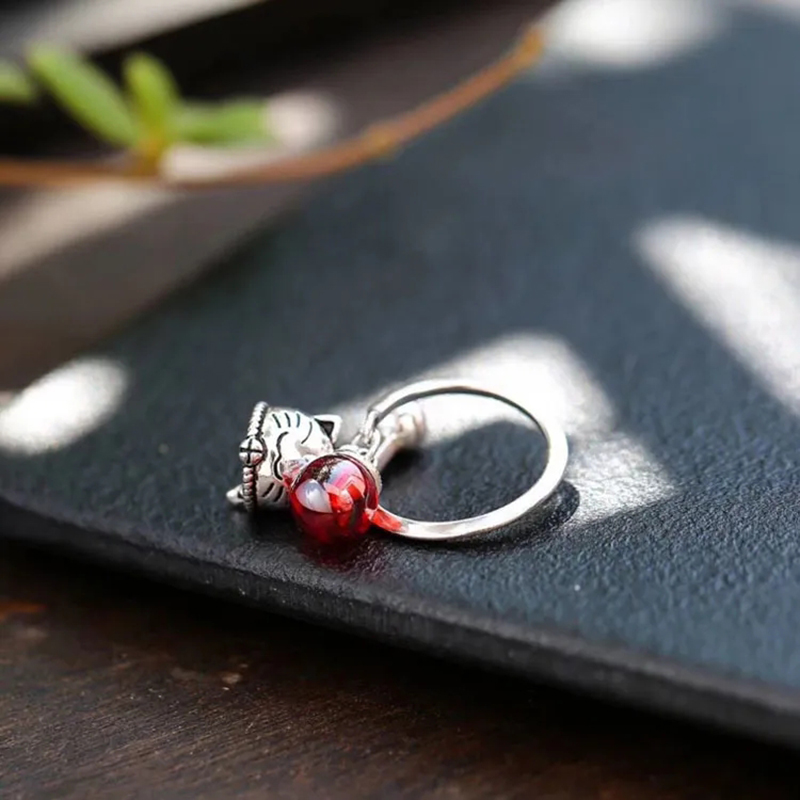 Japanese And Korean Trendy New Silver Retro Lucky Cat Bell Opening Adjustable Ring Female Index Finger Gift