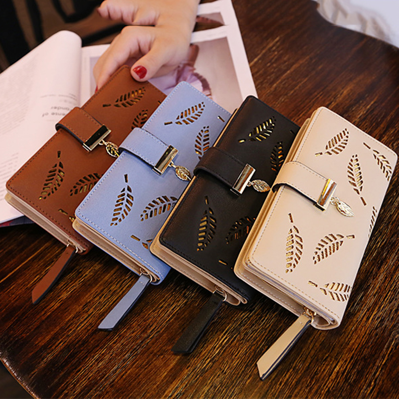 2023 New Korean Women's Wallet Long Fashionable Handbag Hollow Leaf Zipper Buckle Wallets Card Holder Package Bank Name ID Bag