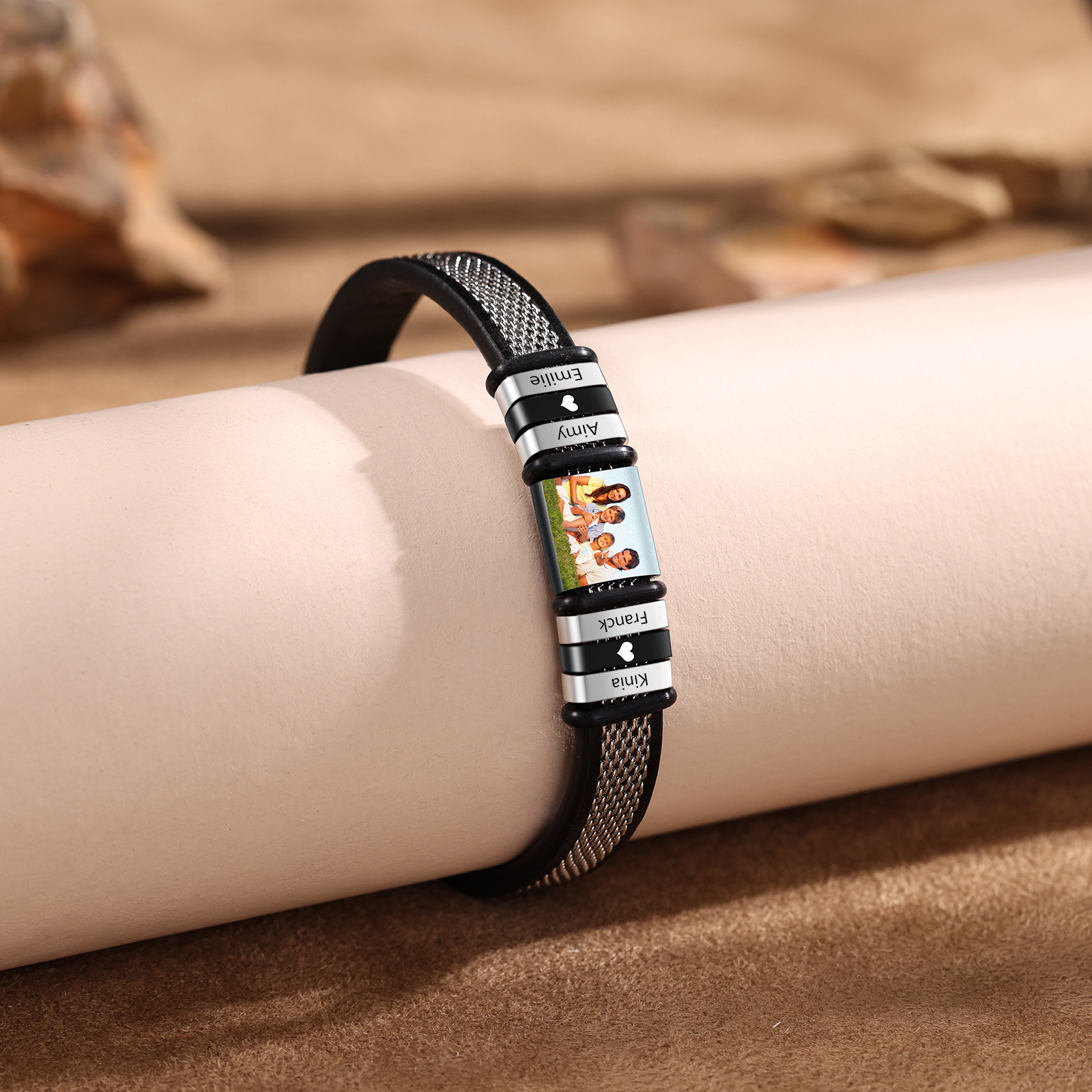 Personalize Men Photo Bracelets with Beads Family 1-4 Kids Child Names Charm Bangle Black Jewelry Gift for Father Dad Grandpa
