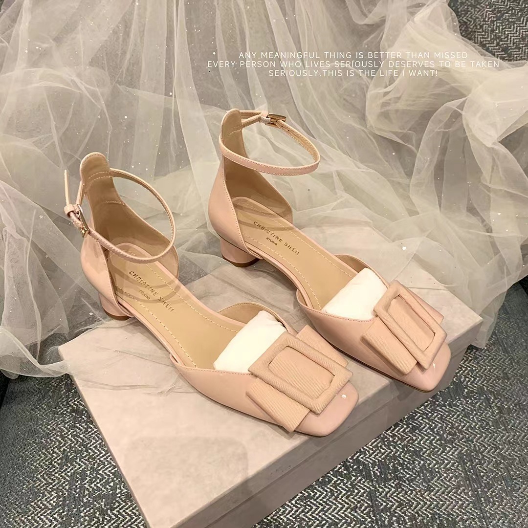 Grape Mama Studiolee Square Headed High Heels, Hollow Single Shoes, Diagonal Buckle, Shallow Mouth, Thick Heel Sandals, Female