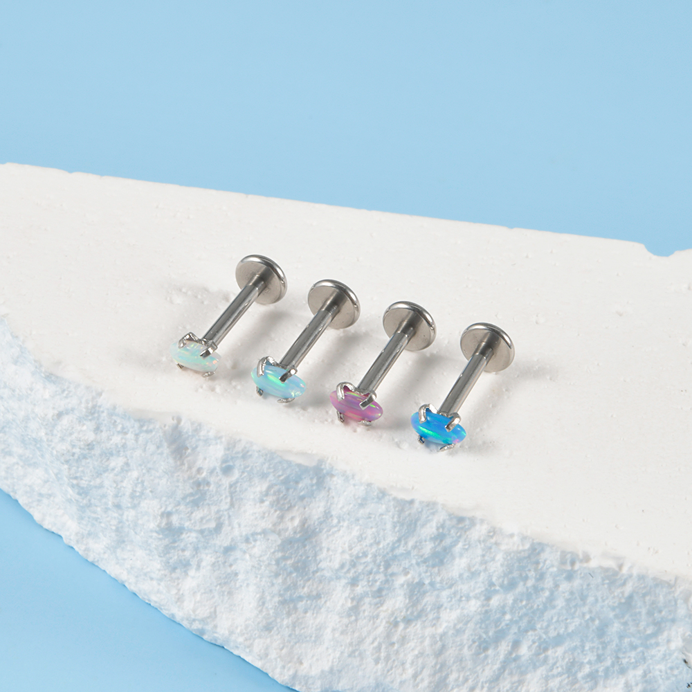1PC Surgical Steel Claw Opal Stone Helix Earring Labret Lip Piercing Square Heart Round Shape Internal Thread Piercing Jewelry