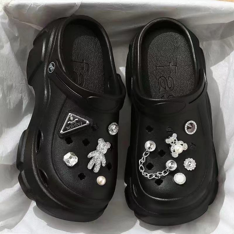 EVA Summer Outwear High Beauty Thick Sole Hole Shoes for Girls, Tall Height Cartoon Diamond Bears, Beach Headband Cool Slippers