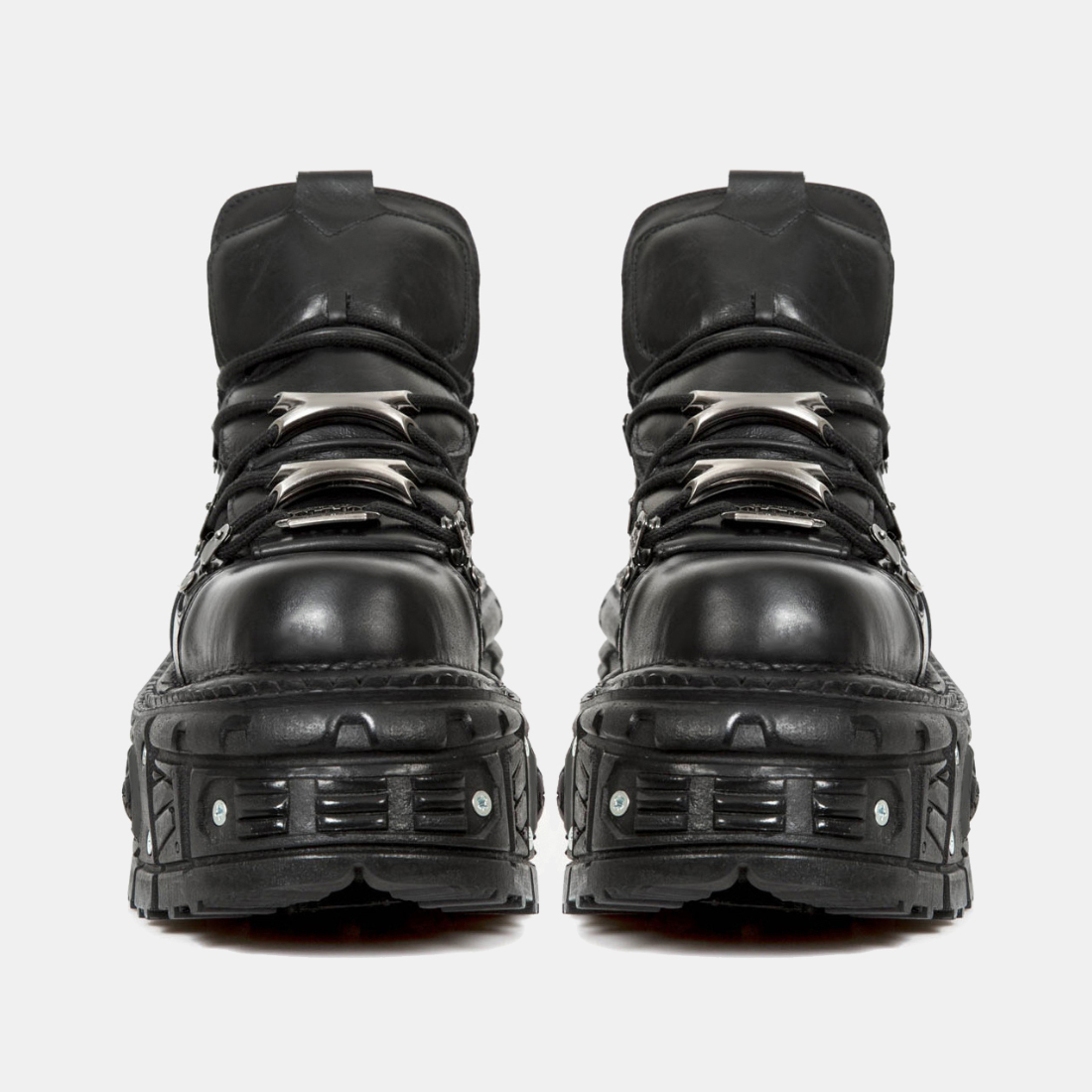 Black Punk Metal Buckled Leather Boots Women Platform Thick Sole Lace up Leather Shoes Luxury Designer Shoe Motorcycle Booties
