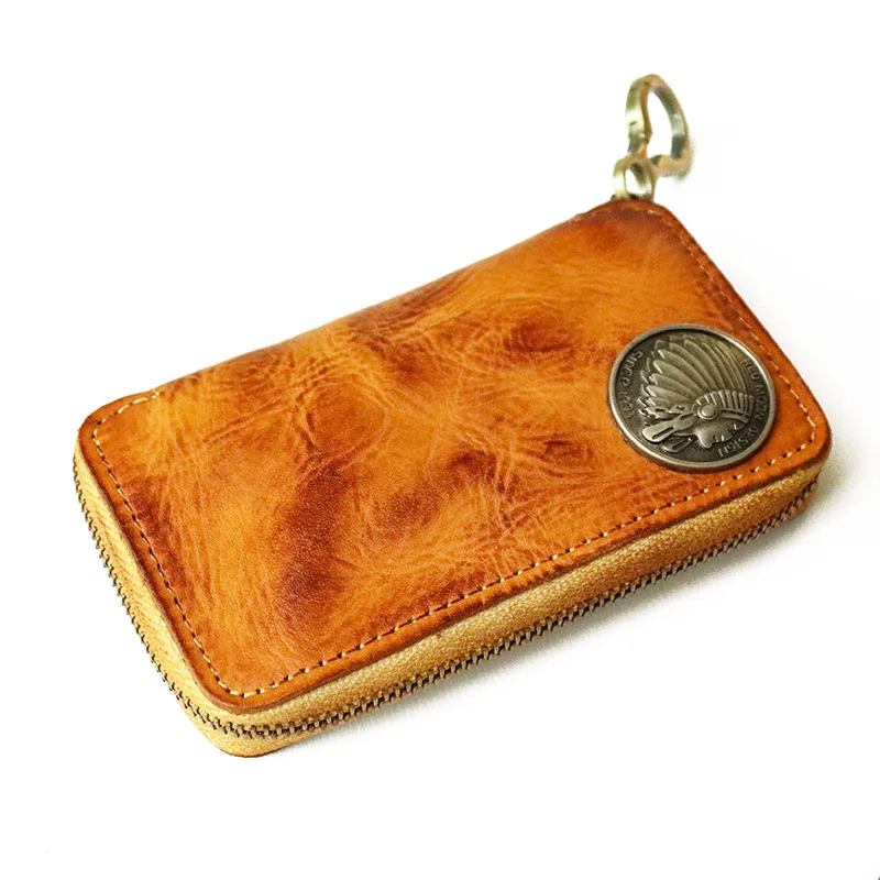 Luxury High Quality Original Leather Men Key Holder Organizer Pouch Wallet Retro Housekeeper Key Case Men's Waist Zipper Key Bag