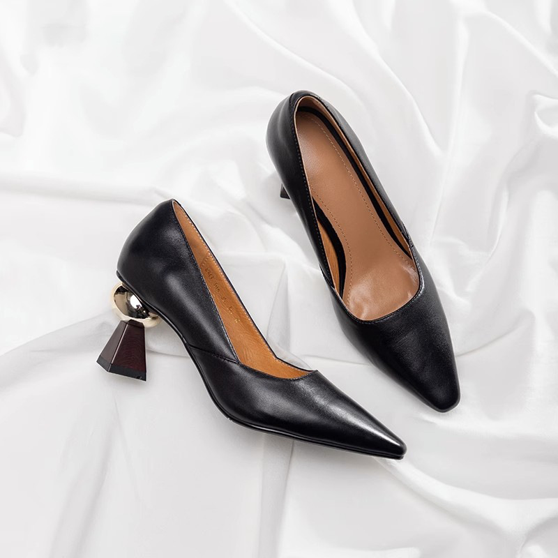 Gold Pointed Toe Strange Style Pumps for Women - Leather High Heels Spring