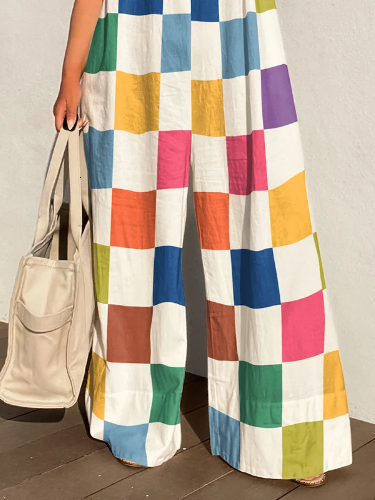 Missuoo Summer Womens Jumpsuit Sleeveless Loose Oversized Wide Leg Pants Suit Colorful Plaid Casual Streetwear Overall 240618