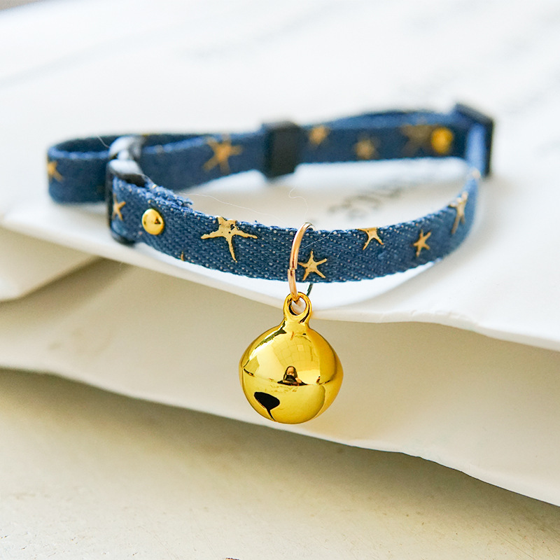 Denim Breakaway Cat Collars with Bell Cat Pendant Kitty Kitten Collars Blue Collar for Female Girl Cats Male Boy Cats Star Print