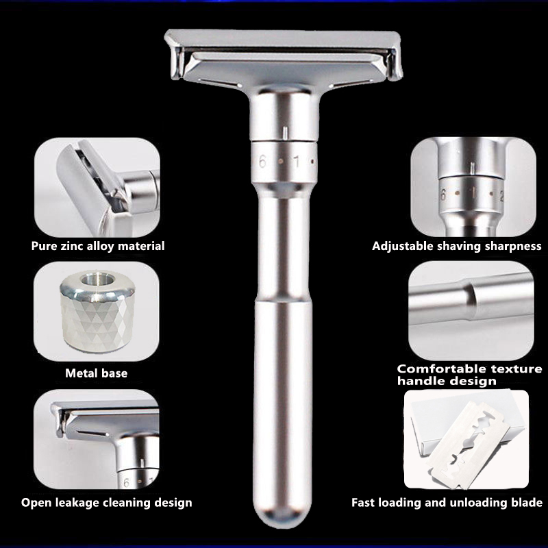 Adjustable Safety Razor Double Edge Classic Mens Shaving Mild to Aggressive 1-6 File Hair Removal Shaver it with 5 Blades&1base