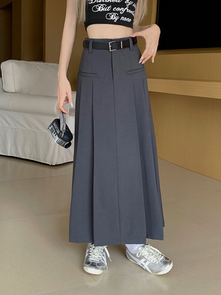 3Colors S-XL Spring Summer Female Skirts 2023 Women High Waist Suit pleated long A line Maxi Skirt Female+belt (L5121)