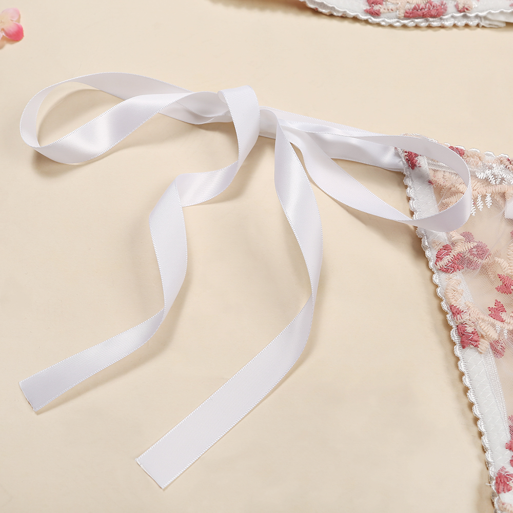 ADULOTY Floral Lace Tie Shoulder Skort Lingerie Set Sexy embroidered Mesh bra set string bralette set Transparent Underwear set