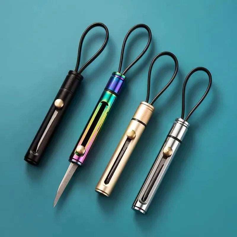 Unpacked Mini Brass Knife Portable Pocket Knife Push Pull Automatic Spring Fruit Knife Keychain Pendant Gift