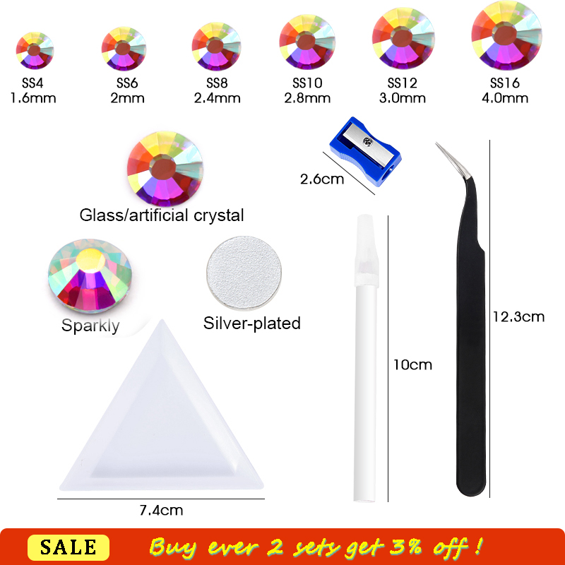 12Gird 3D Glass AB Crystal Nail Art Rhinestones Kit Flatback Round Bead Charm Gem Stones Jewelry Diamond with Tools for Nail Art