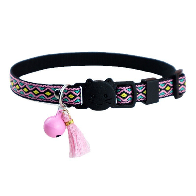 Pet Cat Collar Bell Tassel Colorful Rhombus Ethnic Style Pet Collar Adjustable Cat Collars for Kitten and Puppy Pet Accessories