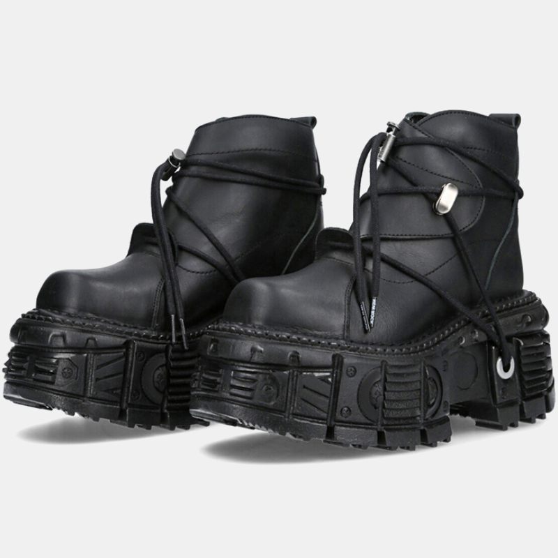 2025 Style Leather Women's Punk Shoes Lace-up Heel Height Platform Female Gothic Ankle Boots PU Metal Decor Thick Bottom Sneakers