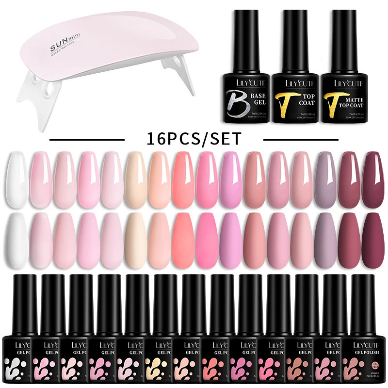 LILYCUTE 7ML Gel Nail Polish Set Glitter Nail Gel Kit With 6W UV Lamp DIY Manicure Soak Off Base Matte Top Coat Nail Art Gel 240621