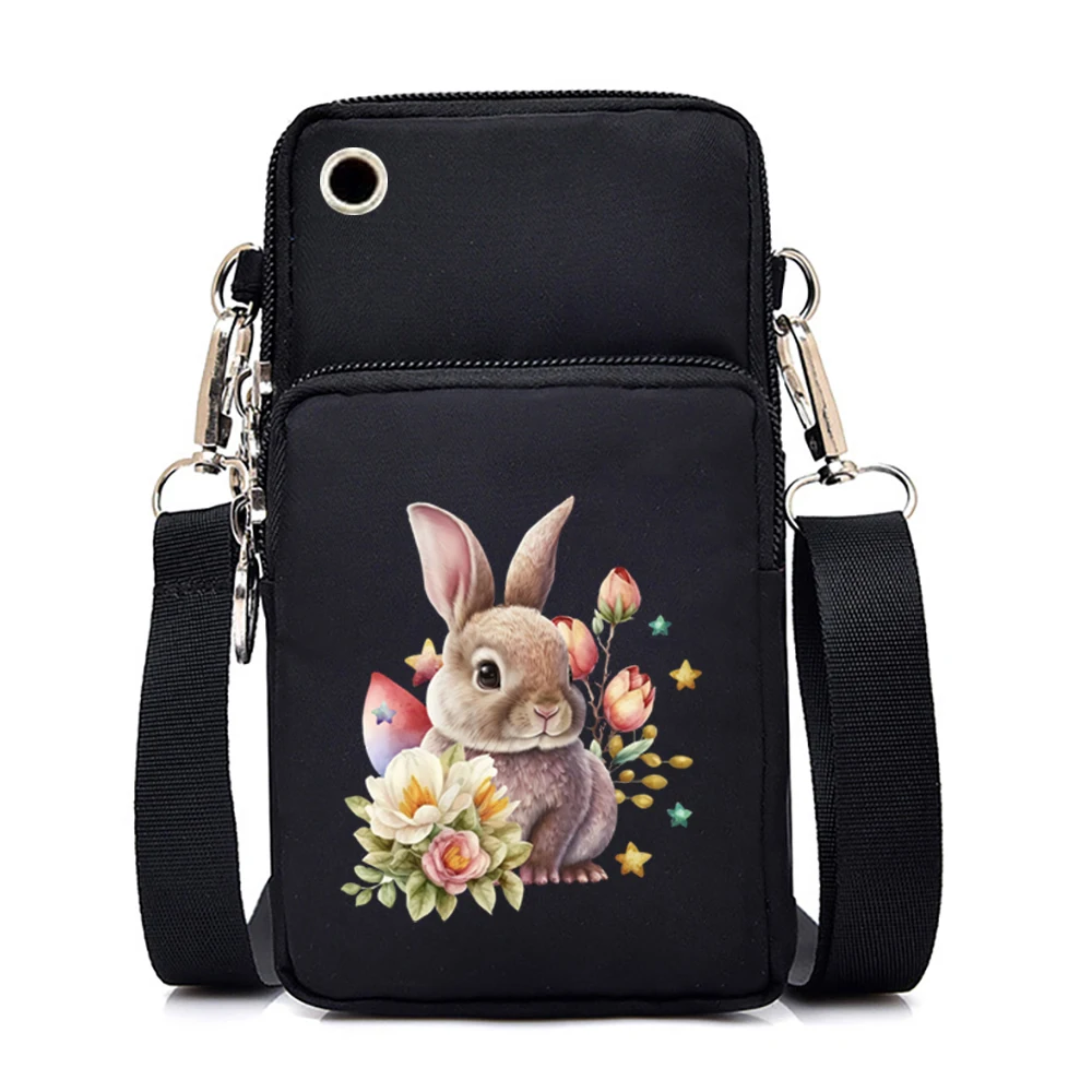 Cute Bunny Print Purses and Handbags Female Mini Mobile Phone Bag Vintage Floral Zipper Crossbody Bag Women Shoulder Bags