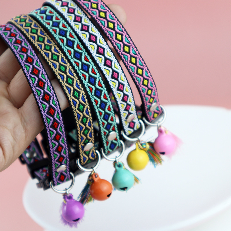 Pet Cat Collar Bell Tassel Colorful Rhombus Ethnic Style Pet Collar Adjustable Cat Collars for Kitten and Puppy Pet Accessories