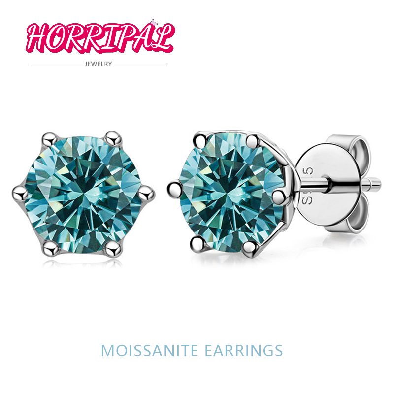 HORRIPAL 1CT Colorful Moissanite Earrings S Sier Plated Sparkg Ear Studs Fine Jewelry GRA Certified Gem Women Men