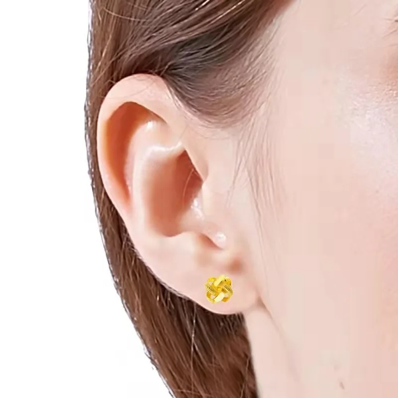 Genuine 14k Gold Ruyi Chinese Knot Earrings for Women Girlfriend Wedding Birthday Gift 999 Gold Color Earrings Fine Jewelry Gift