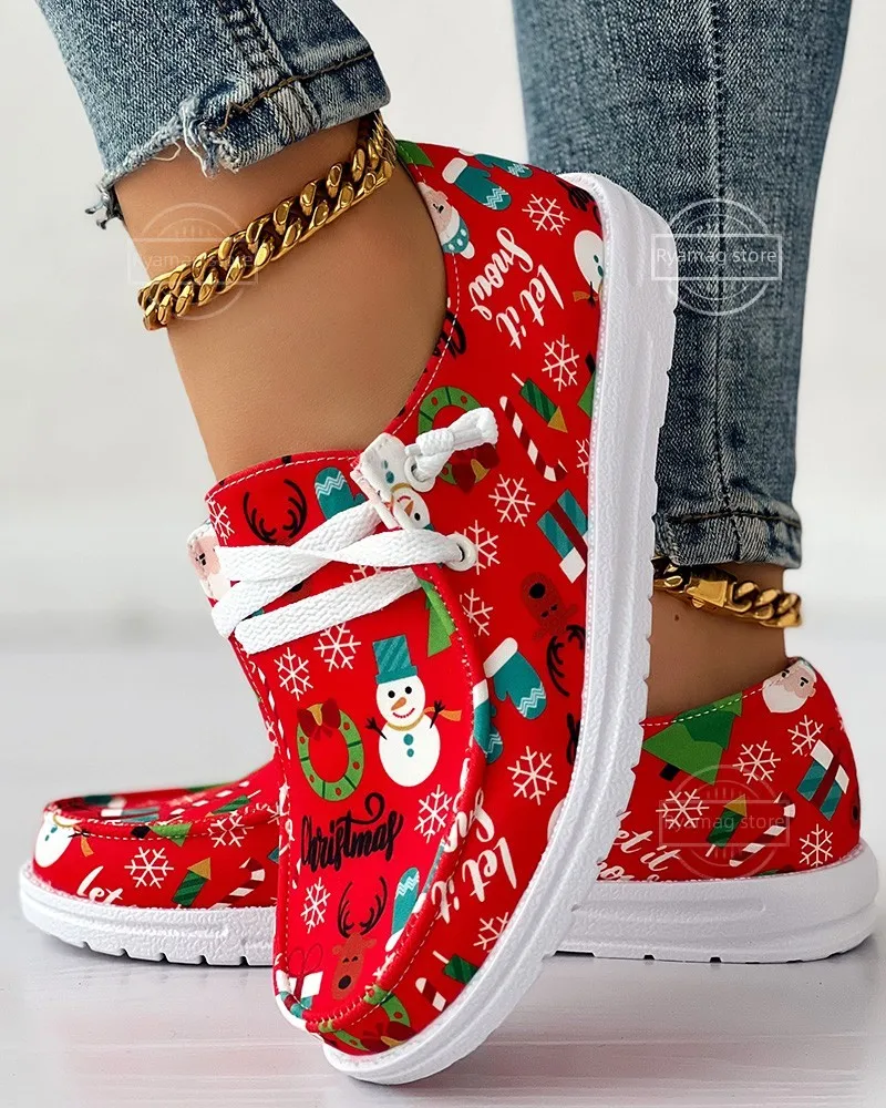 Snowman Elk Women's Christmas Lace-up Canvas Loafers Flat Vulcanized Casual Sneakers Shoes 4
