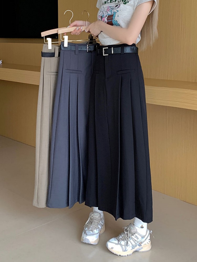 3Colors S-XL Spring Summer Female Skirts 2023 Women High Waist Suit pleated long A line Maxi Skirt Female+belt (L5121)