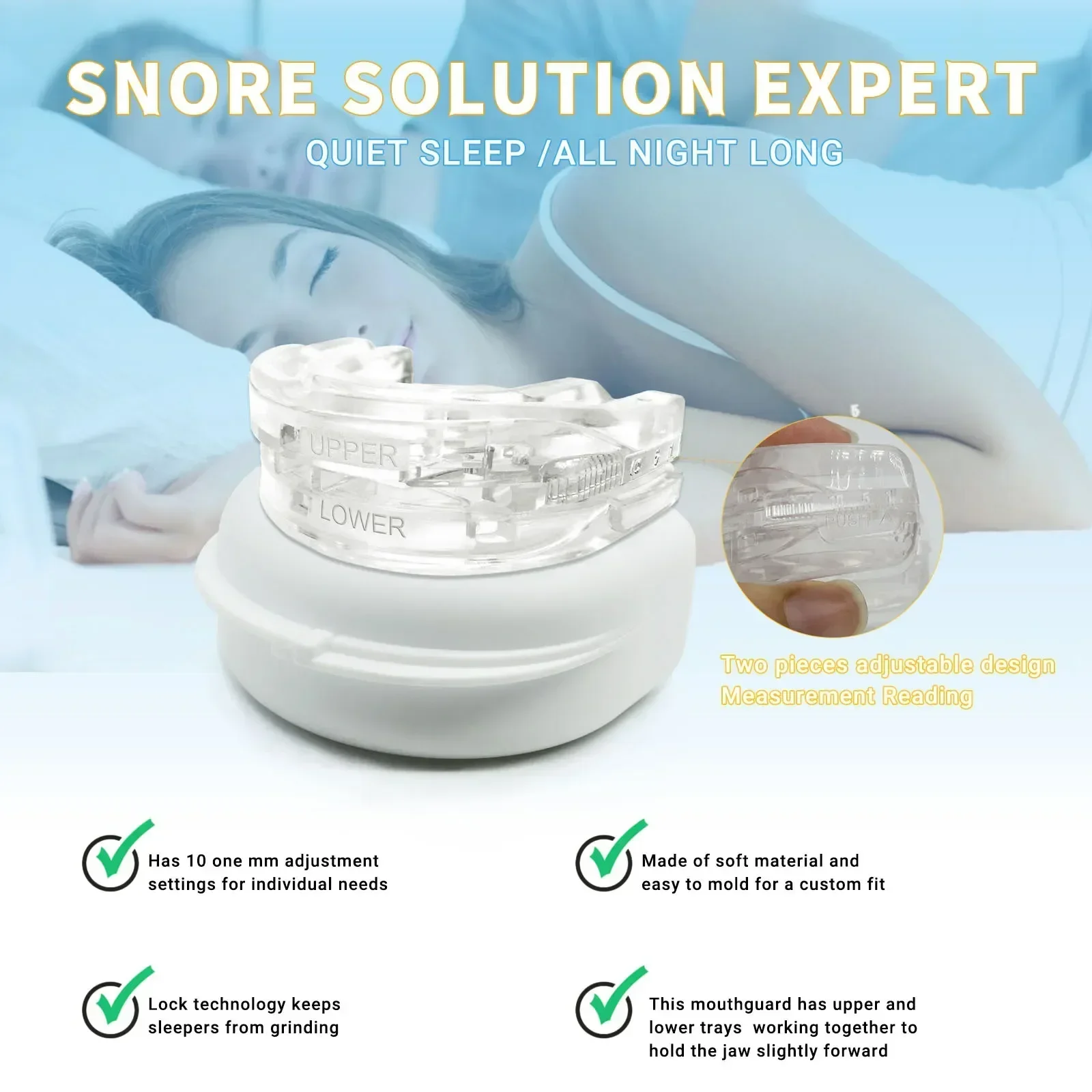 Sleep anti snoring device, anti snoring mechanical anti bruxism teeth protector, adjustable denture improve sleeping