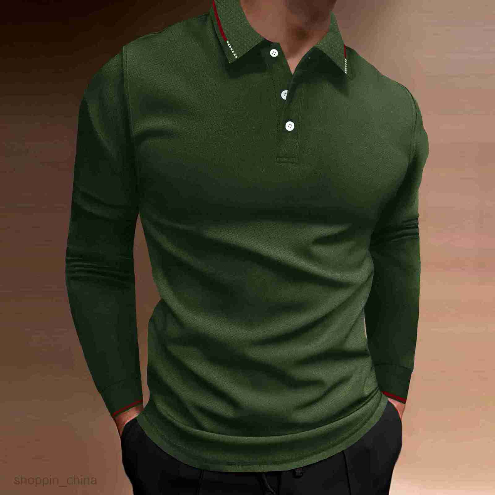Men's Polos Shirts Male autumn sports fitness leisure collar vertical stripe long sleeved POLO tops