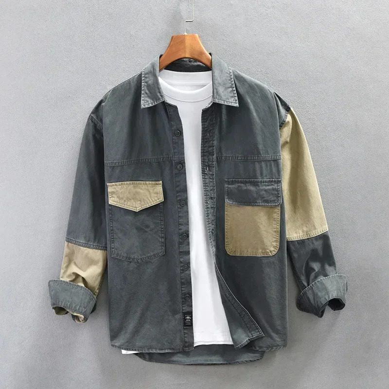 Outdoor Retro Splicing Pure Cotton Work Shirt for Mens American Style Shirt Jacket Mens Clothing
