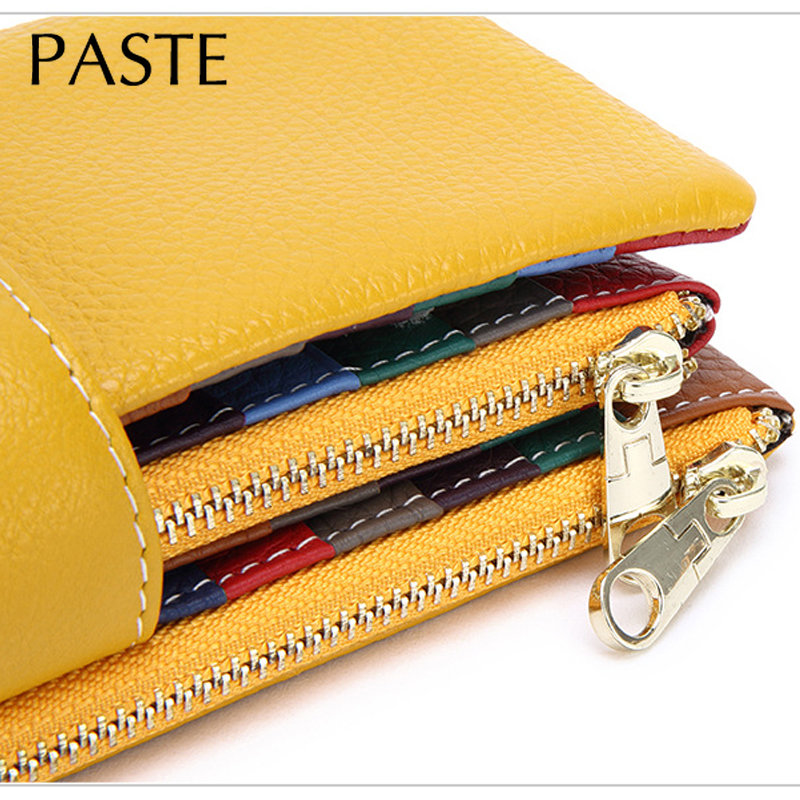 Cartera larga de cuero de vaca para mujer, cartera larga con cremallera, tarjetero, estilo japonés, color amarillo y verde
