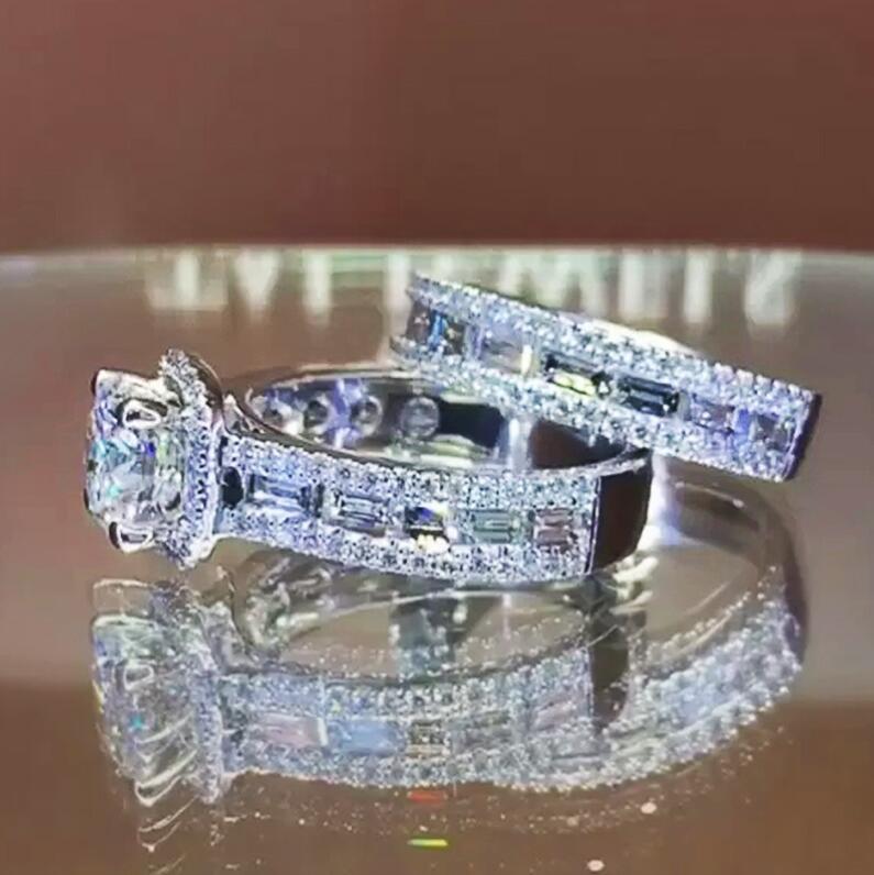 Sparkg Sterg Sier Zircon CZ Dia Wedding Rings Set Square White Gemstones Ideal Bridal Gift for Couples Choucong Brand