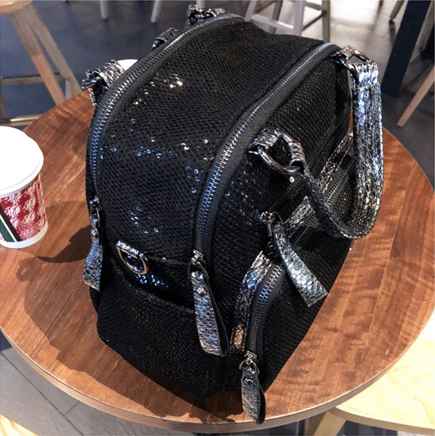 Mesh Iridescent Sparkle Shiny Paillette Convertible Backpack Handbag 2024 Big Capacity Multi Pockets Work Black Short Handle Bag