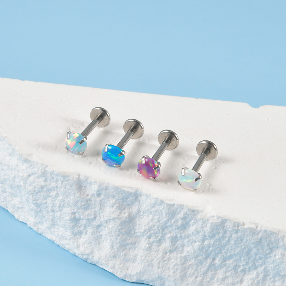 1PC Surgical Steel Claw Opal Stone Helix Earring Labret Lip Piercing Square Heart Round Shape Internal Thread Piercing Jewelry