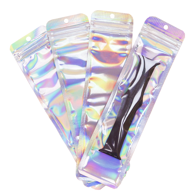 100pc Holographic Mylar Pouch Clear Window Long Laser Foil Pen Bag Retail Packaging Ziplock Makeup Brush Bags For Small Business