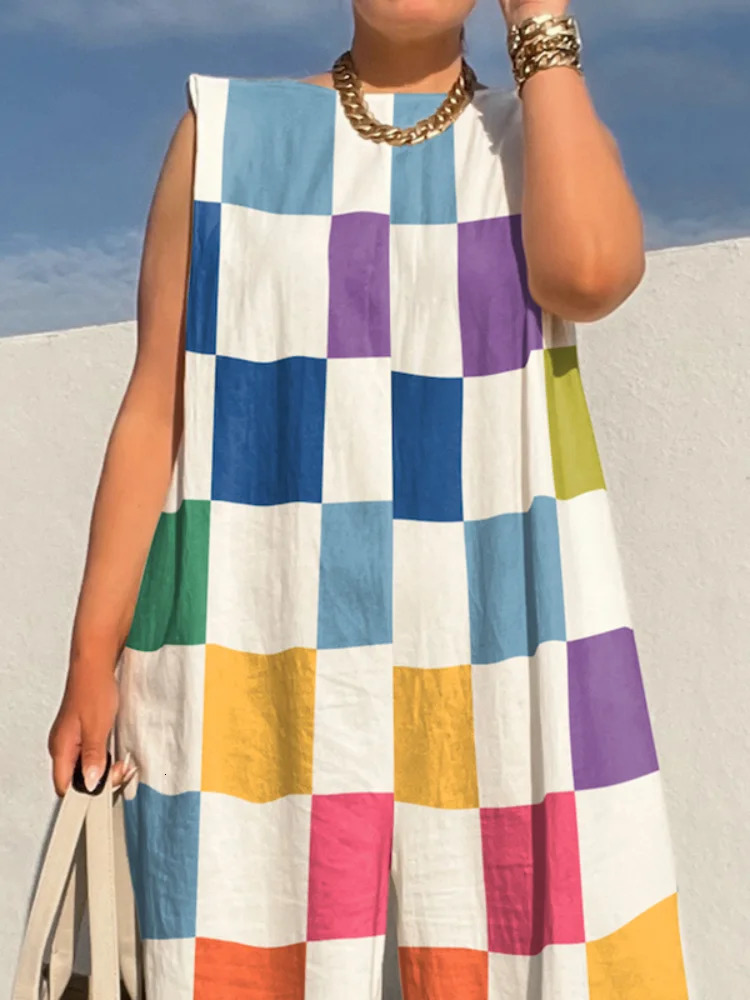 Missuoo Summer Womens Jumpsuit Sleeveless Loose Oversized Wide Leg Pants Suit Colorful Plaid Casual Streetwear Overall 240618
