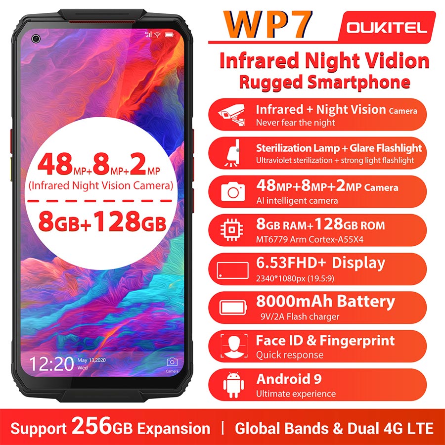 OUKITEL WP7 6.53"FHD 19.5:9 Android 9.0 MT6779 Octa Core 9V/2A 8000mAh 48MP Cameras 8GB 128GB NFC Mobile Phone