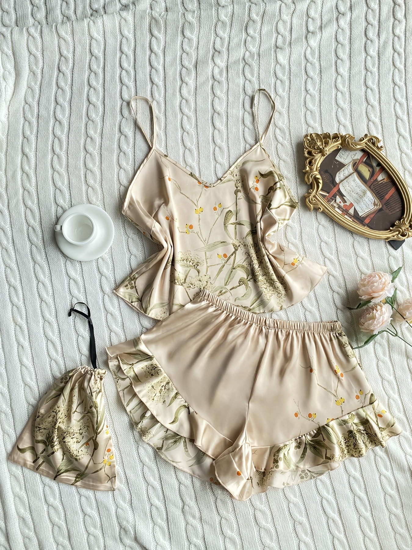 Elegant Floral Print Cami Tops Ruffle Hem Shorts Pajama Set Women's Sleepwear Loungewear