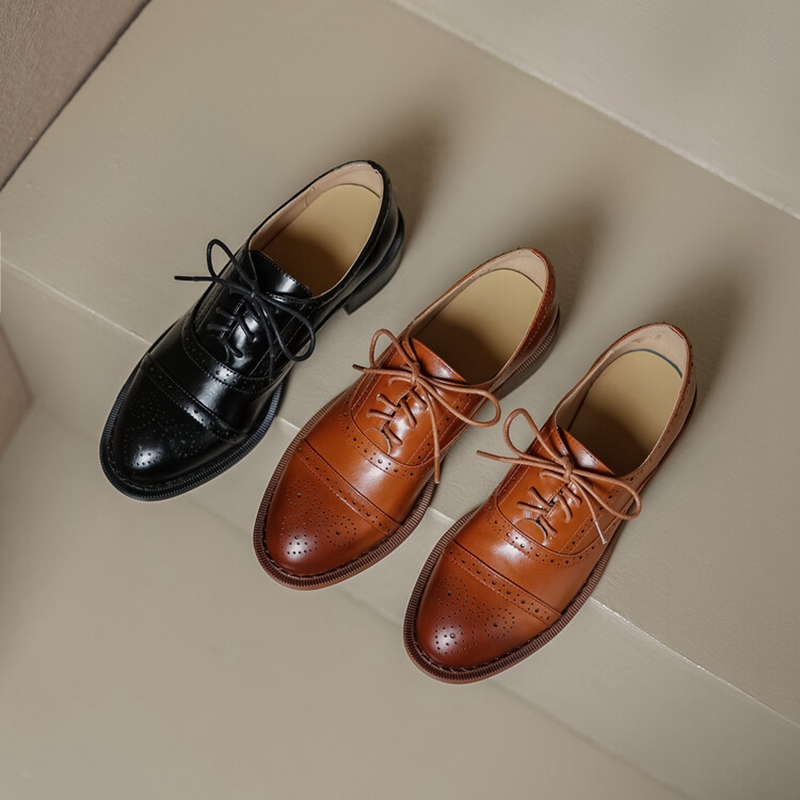Women NEW Oxfords Spring/Fall Shoes for Woman Genuine Leather Brogues Vintage Lace up Loafers casual Handmade New Black Girls shoes ca22