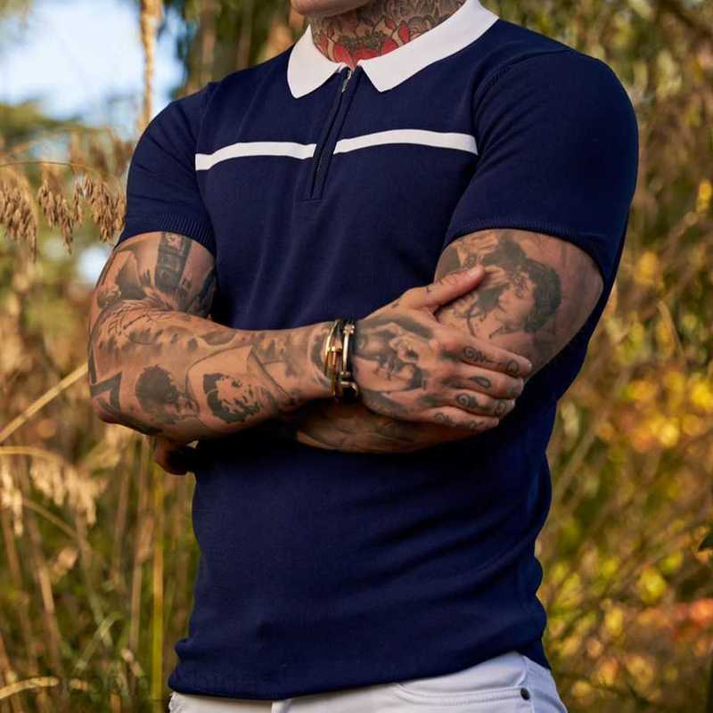 Men's Polos Shirts size new Male slim fit color blocking stand up collar casual vertical stripe short sleeved youth men top tops