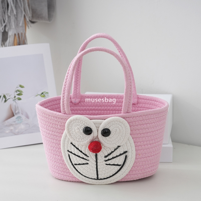Advanced Women's Designer Cartoon Shaped Woven Large Capacity Handbag Stupid Cute Lightweight Practical Woven Bag for Daily Travel Cotton Rope Ba