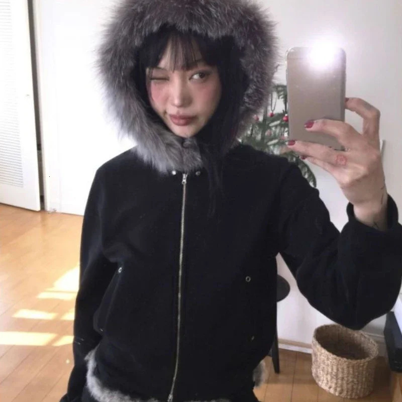 Fairy Fur Patchwork Fashion Sweatshirts Vintage Grunge All Match Womens Coats Double Zippers Casual Hoodies Y K Aesthetic Femme
