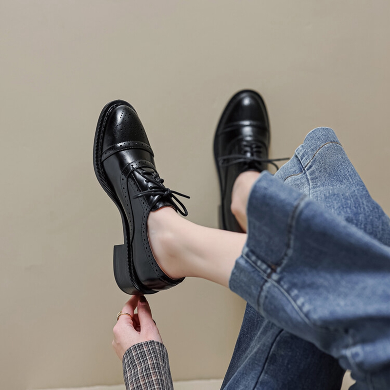 Women NEW Oxfords Spring/Fall Shoes for Woman Genuine Leather Brogues Vintage Lace up Loafers casual Handmade New Black Girls shoes ca22