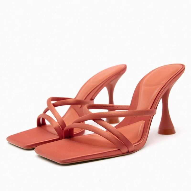 New Product Women's Shoes Coral Red Cross Ribbon High Heel With Satin Texture Square Headed Outward Wearing Sandals