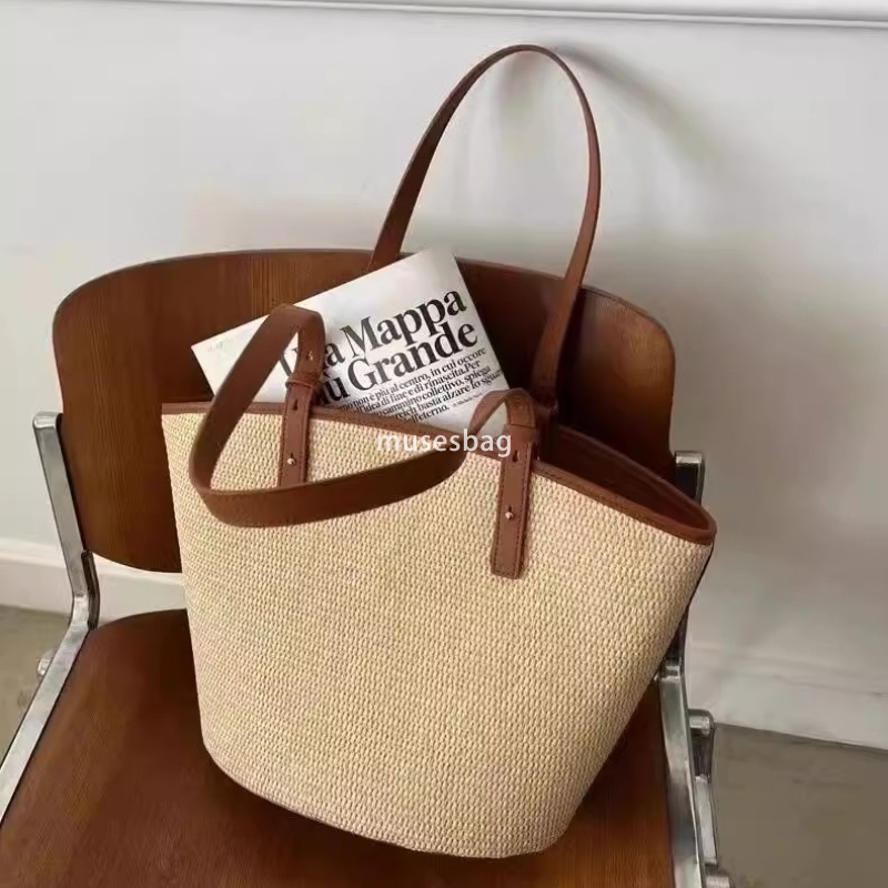 High quality women's designer new high-capacity grass woven bag trendy high-end handheld niche large capacity retro color block underarm single s