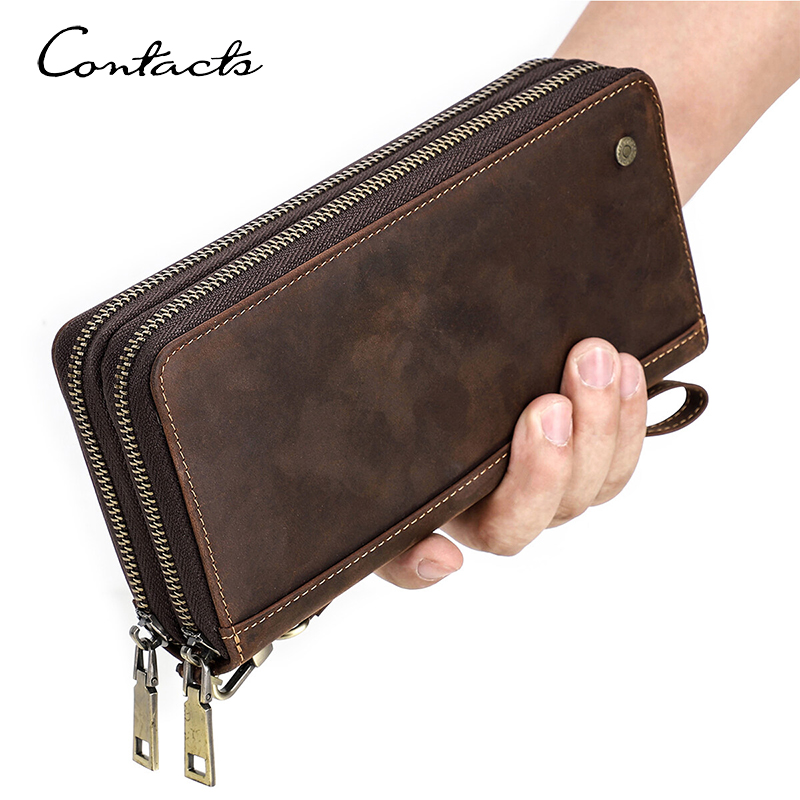 CONTACT'S Genuine Leather Clutch Wallets For Men Long Vintage Zipper Handbags Coin Purses Card Holders Money Clip Men's Wallets