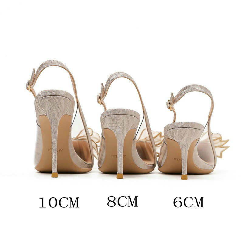 Pointed New Bridal Wedding Shoes Sparkly Material Rhinester Bow Head Back Empty Glass Glue High Heel Sandals wer Pumps e5d0